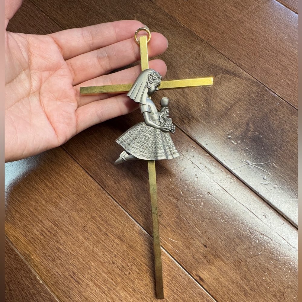 Brass Wall Cross w/ Centered Pewter First Communion Girl 7" Jeweled Cross Co ‘94